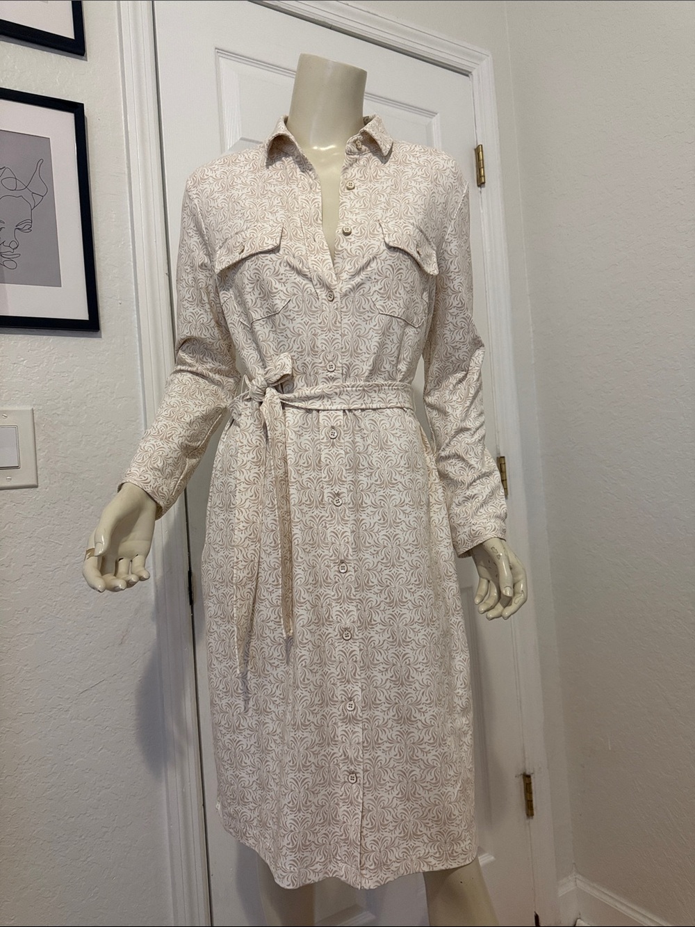 Button-Front Cream Printed Midi Shirt Dress with Tie Belt
